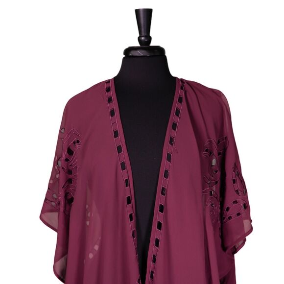 Beautiful Stories Anthropologie Women's Kimono Burgundy Open Front Cardigan OS - Picture 6 of 10